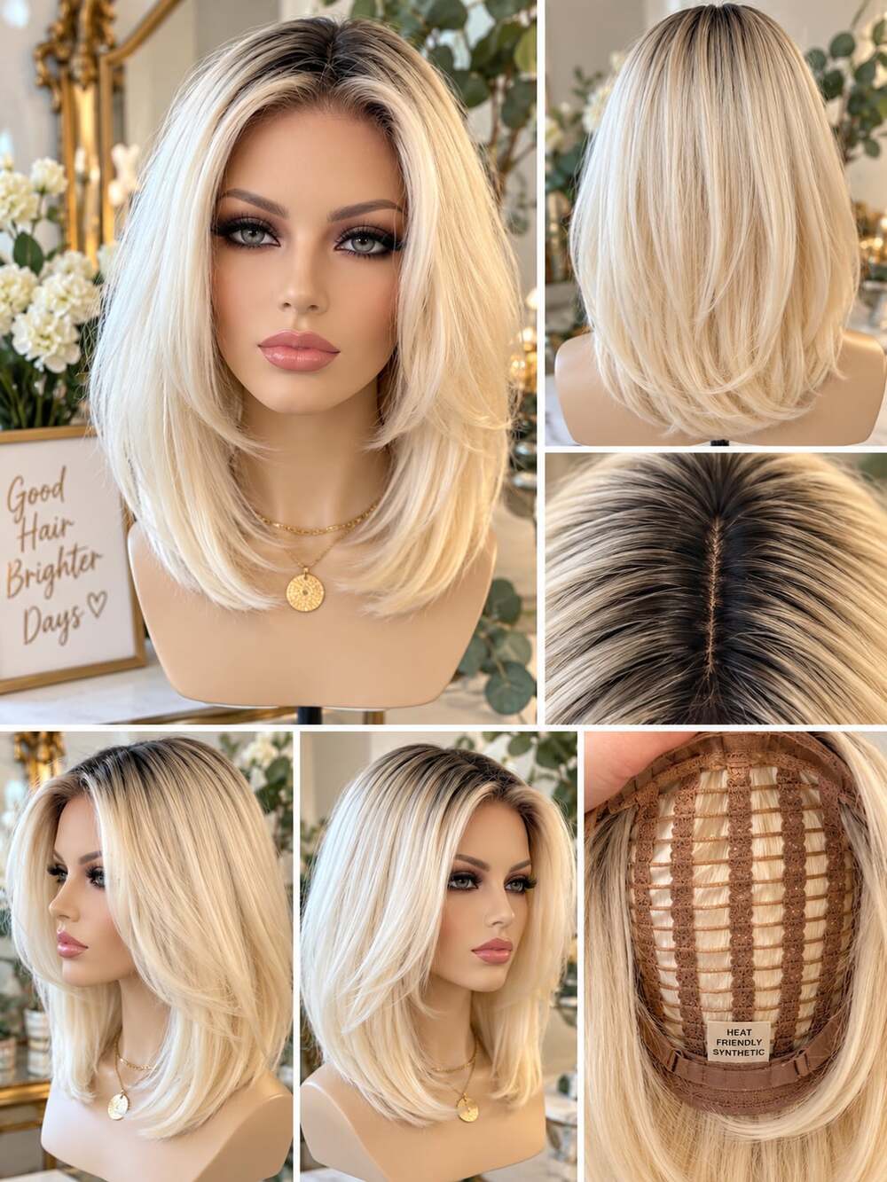 Layered Shoulder Length Bob Wig Heat Friendly Synthetic Blonde Dark Root